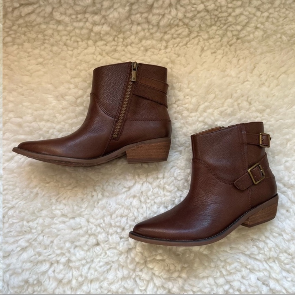 New! LUCKY BRAND Caelyn Western Moto Leather Ankle Booties in Cognac Brown - Picture 8 of 14